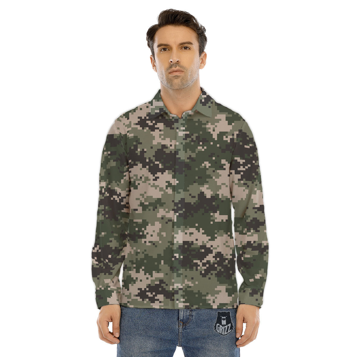 Digital Camo Military Print Pattern Men's Dress Shirts-grizzshop