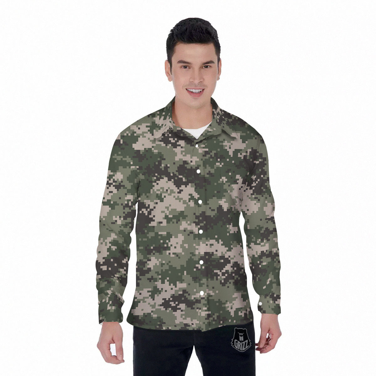 Digital Camo Military Print Pattern Men's Long Sleeve Shirts-grizzshop