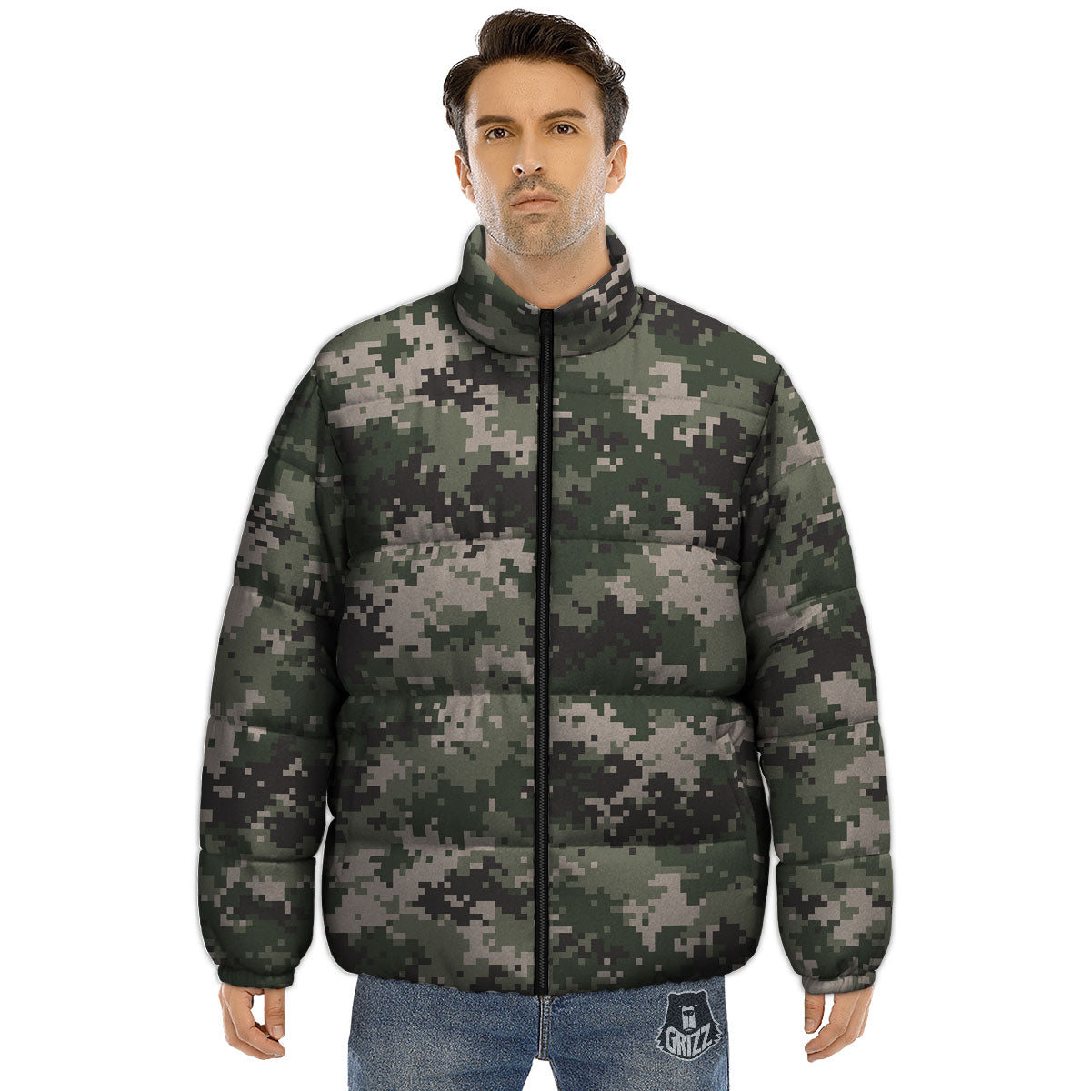 Digital Camo Military Print Pattern Puffer Jacket-grizzshop