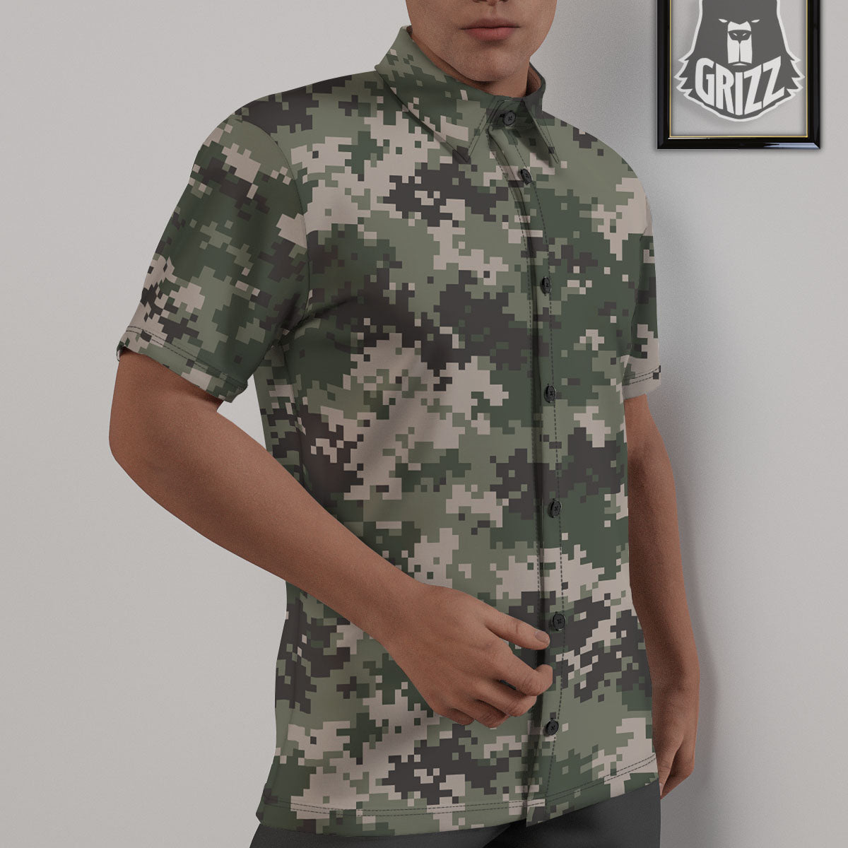 Digital Camo Military Print Pattern Untucked Shirts-grizzshop