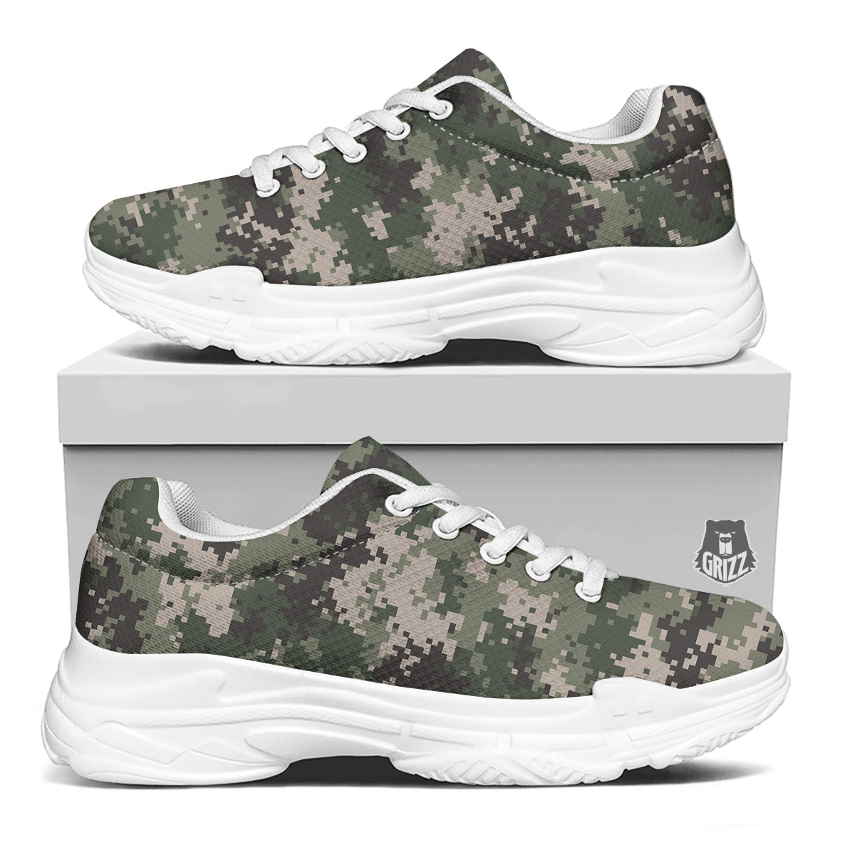 Digital Camo Military Print Pattern White Chunky Shoes-grizzshop
