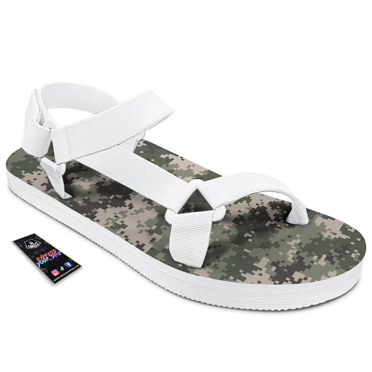 Digital Camo Military Print Pattern White Open Toe Sandals-grizzshop