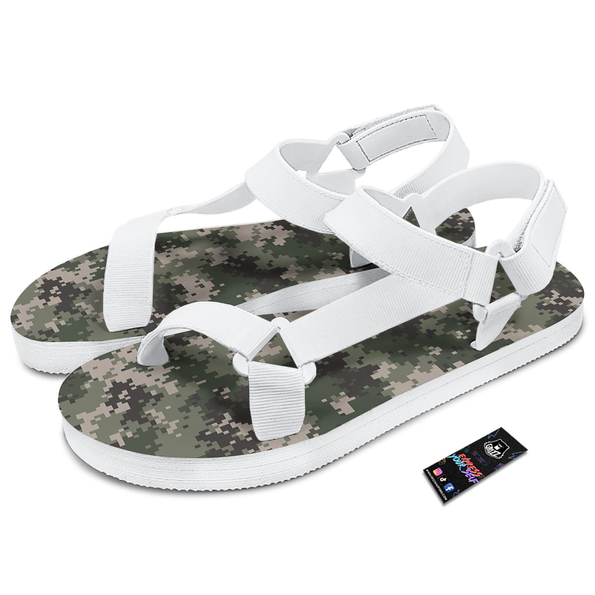 Digital Camo Military Print Pattern White Open Toe Sandals-grizzshop