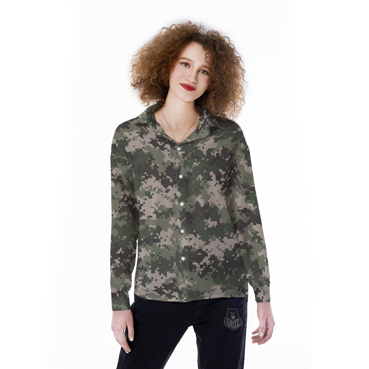 Digital Camo Military Print Pattern Women's Long Sleeve Shirts-grizzshop