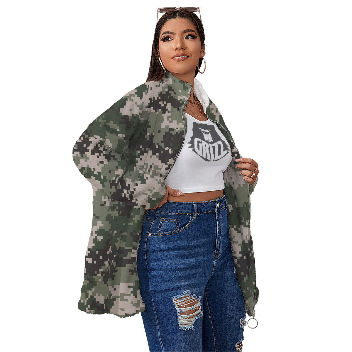 Digital Camo Military Print Pattern Women's Sherpa Jacket-grizzshop