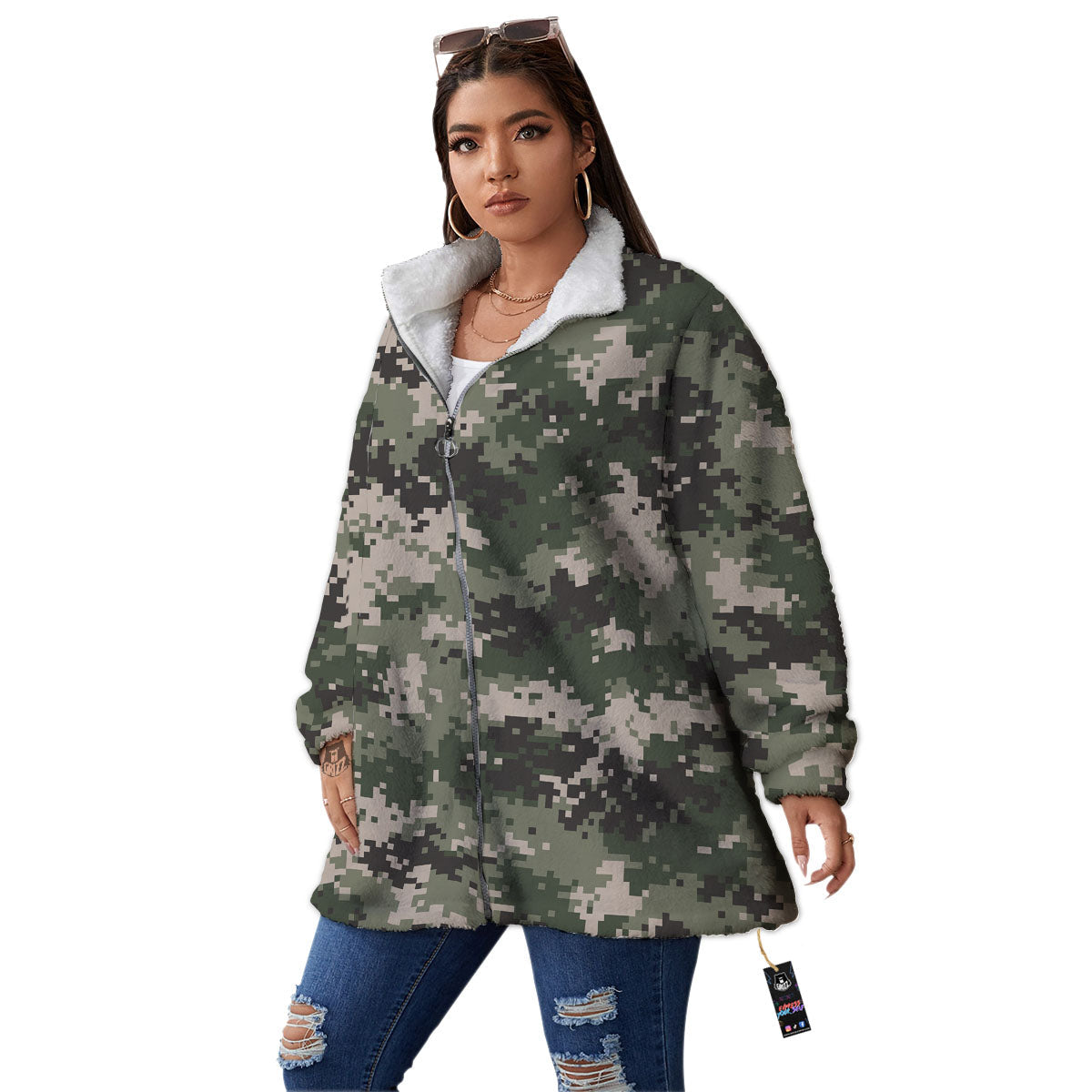 Digital Camo Military Print Pattern Women's Sherpa Jacket-grizzshop
