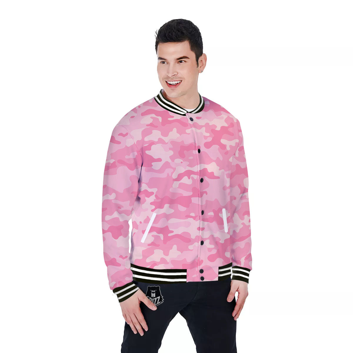 Digital Camo Pink Print Pattern Baseball Jacket-grizzshop