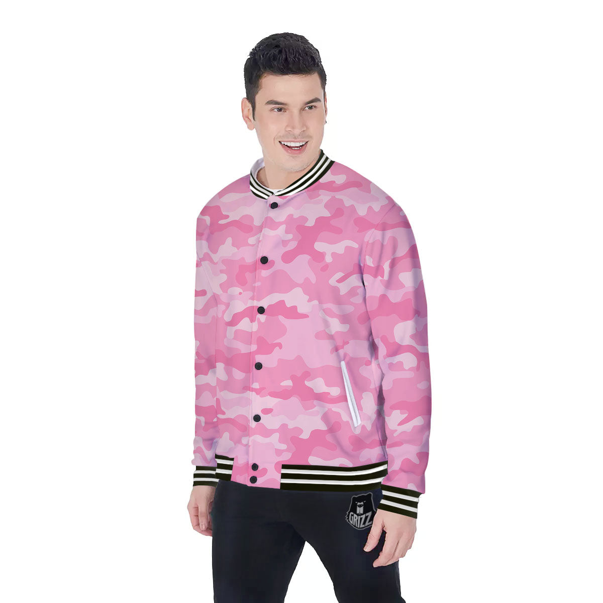 Digital Camo Pink Print Pattern Baseball Jacket-grizzshop