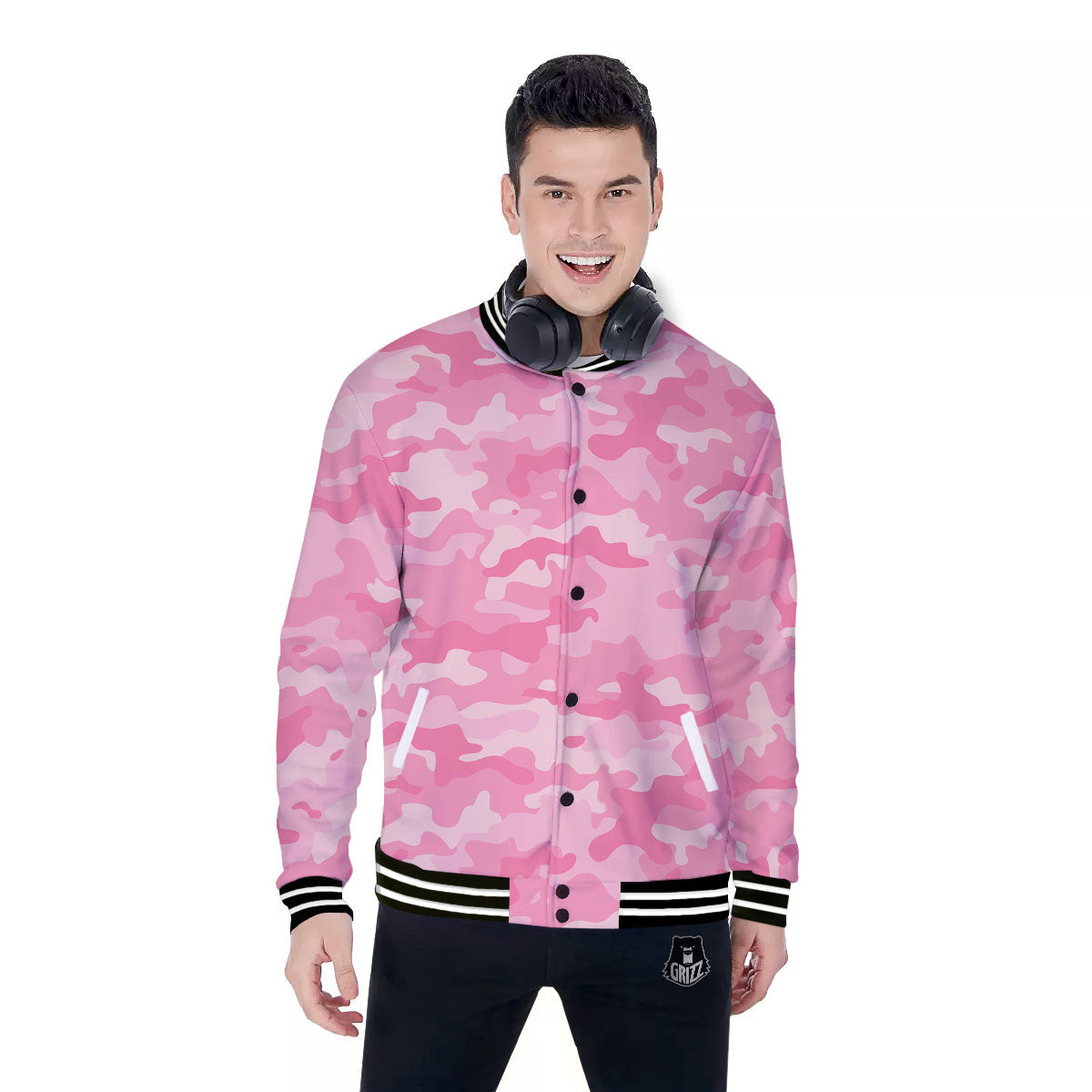 Digital Camo Pink Print Pattern Baseball Jacket-grizzshop