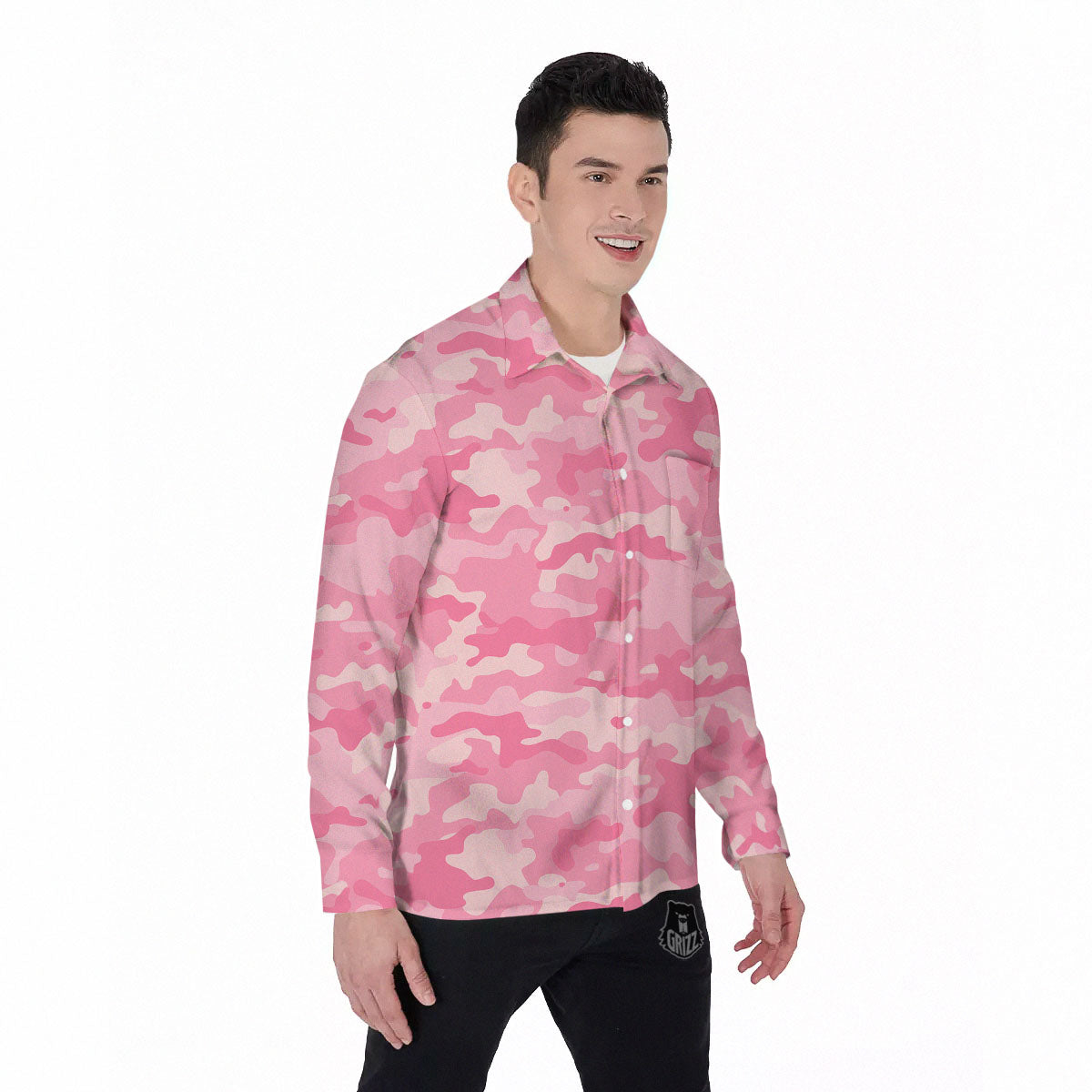 Digital Camo Pink Print Pattern Men's Long Sleeve Shirts-grizzshop
