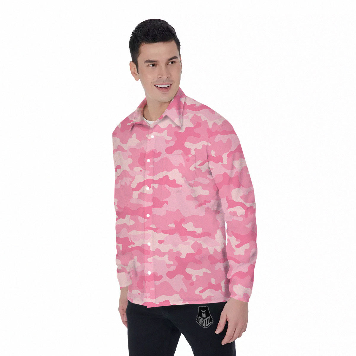 Digital Camo Pink Print Pattern Men's Long Sleeve Shirts-grizzshop
