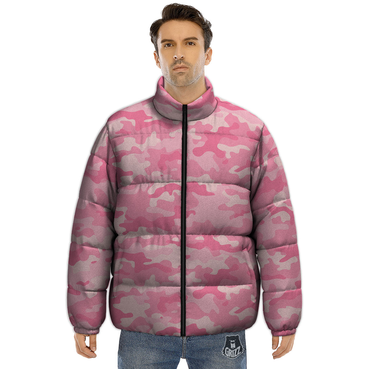 Digital Camo Pink Print Pattern Puffer Jacket-grizzshop