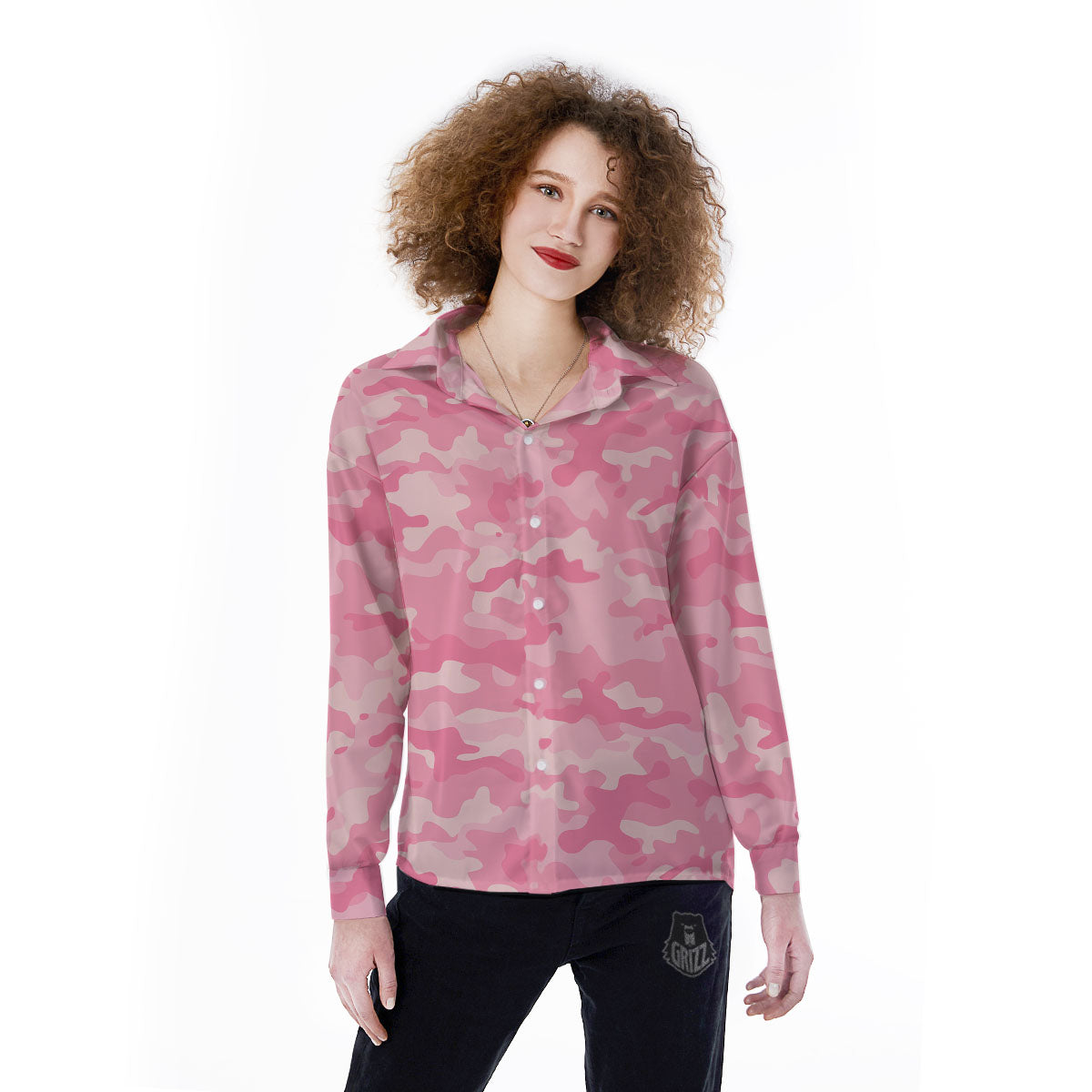 Digital Camo Pink Print Pattern Women's Long Sleeve Shirts-grizzshop