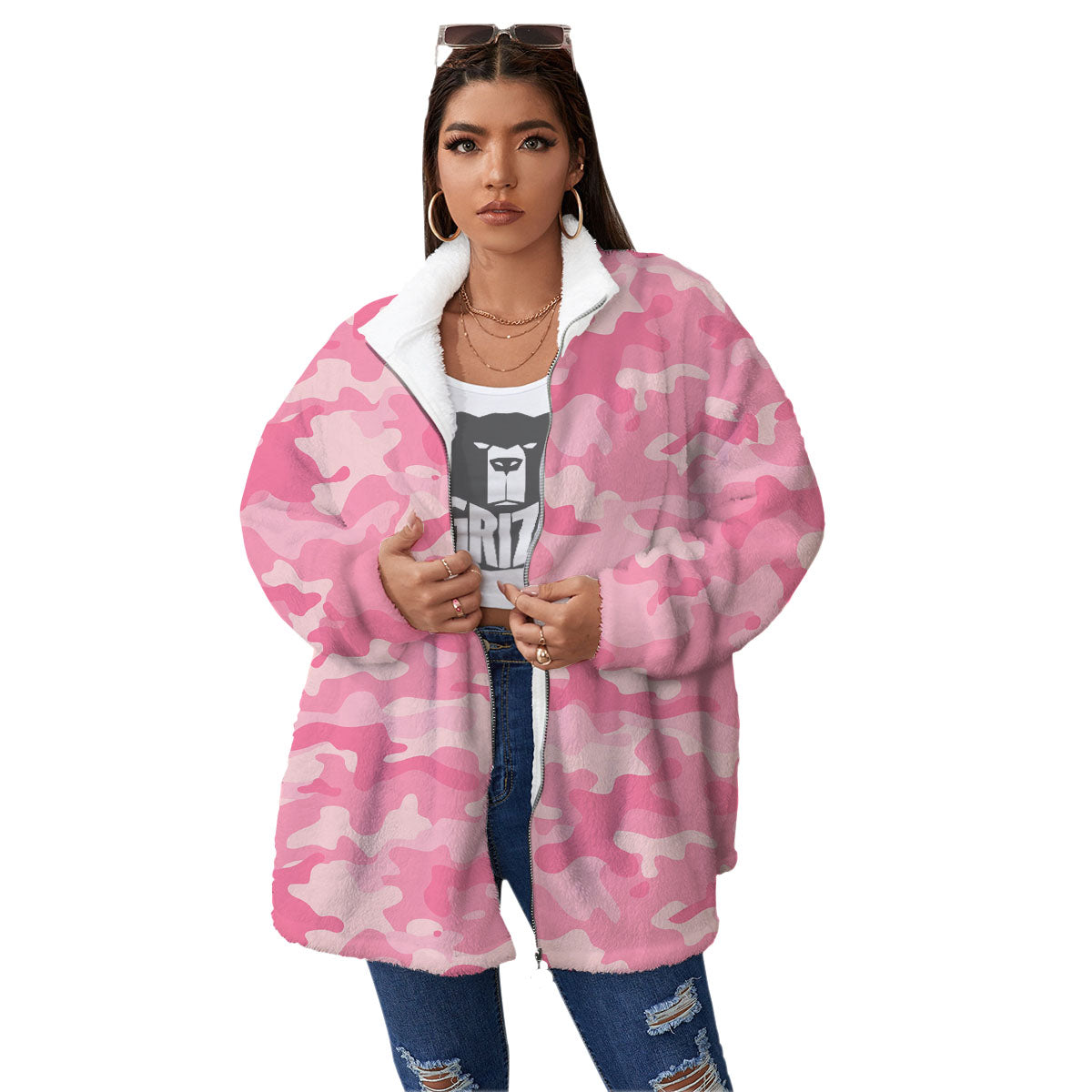 Digital Camo Pink Print Pattern Women's Sherpa Jacket-grizzshop