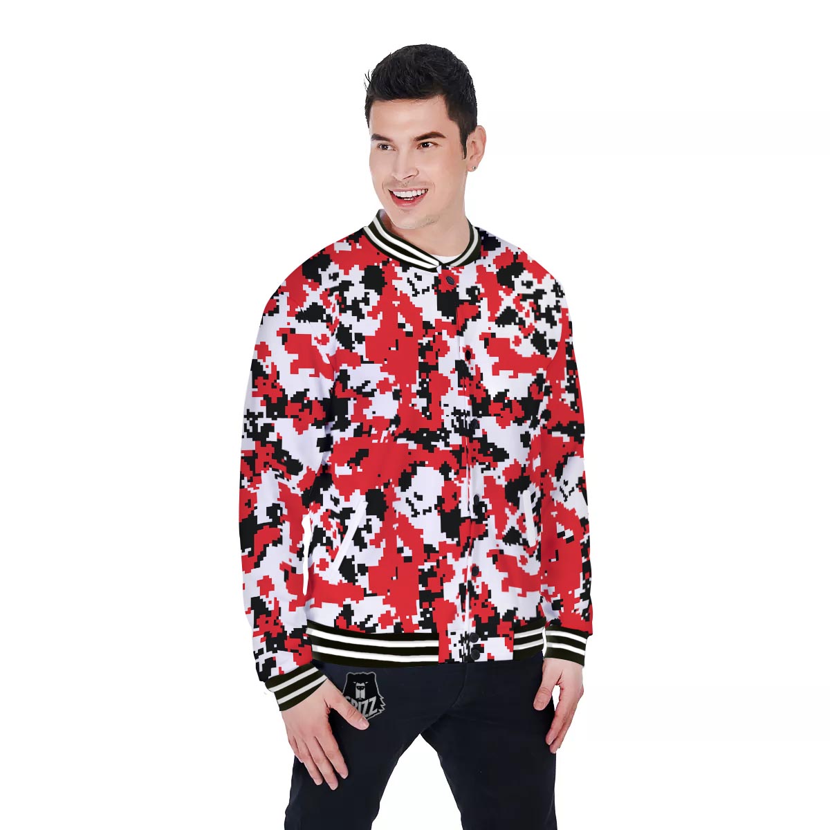 Digital Camo Red White And Black Print Pattern Baseball Jacket-grizzshop