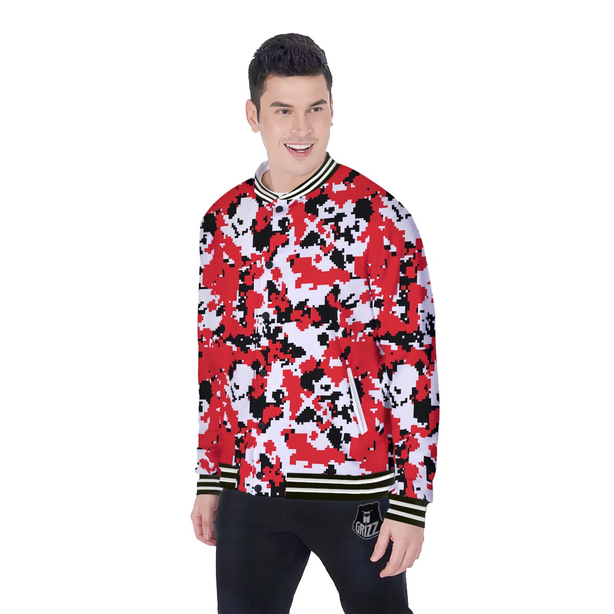 Digital Camo Red White And Black Print Pattern Baseball Jacket-grizzshop