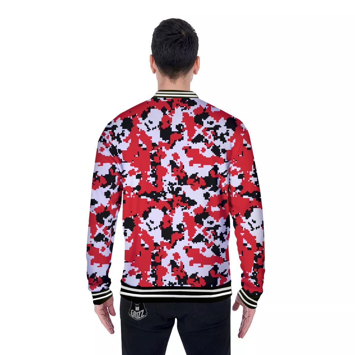 Digital Camo Red White And Black Print Pattern Baseball Jacket-grizzshop