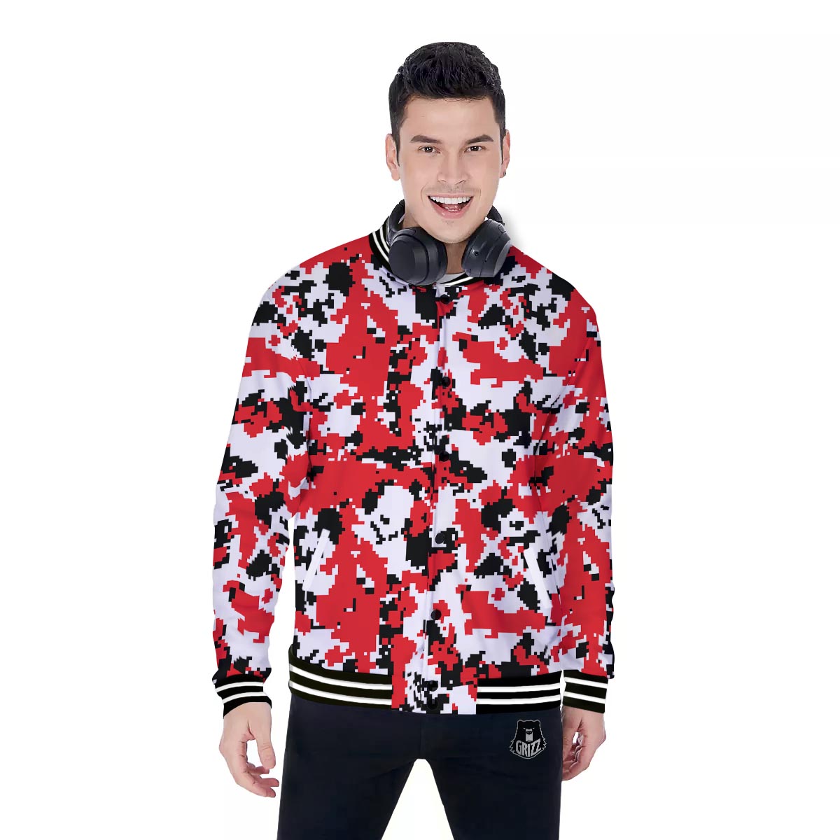 Digital Camo Red White And Black Print Pattern Baseball Jacket-grizzshop