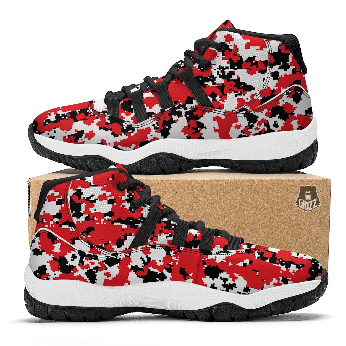 Digital Camo Red White And Black Print Pattern Black Bball Shoes-grizzshop