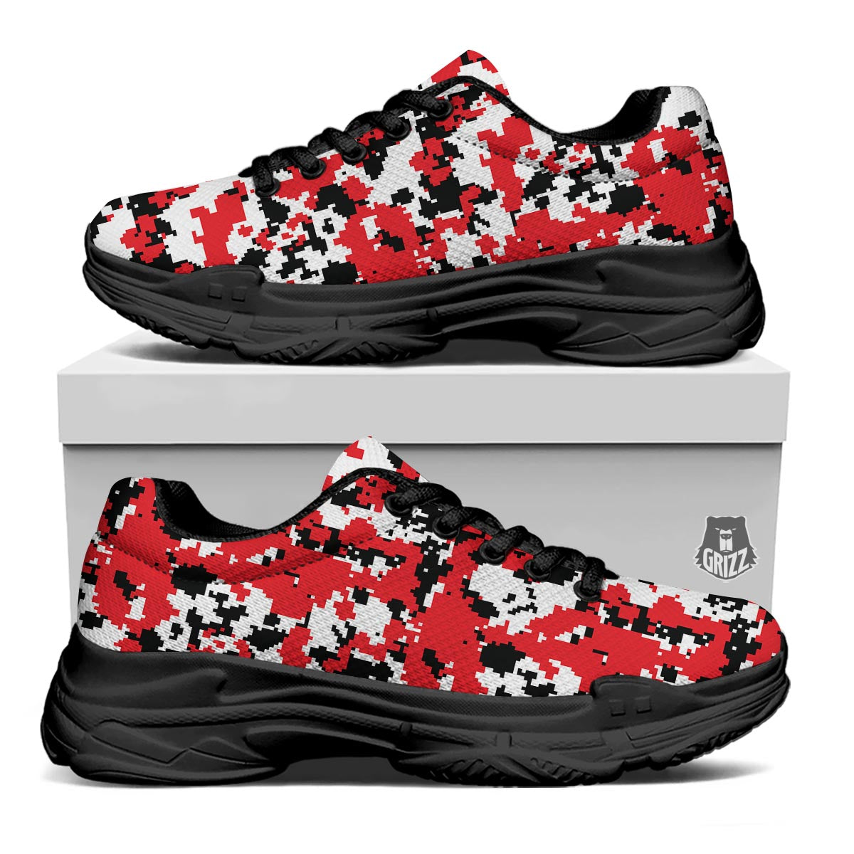 Digital Camo Red White And Black Print Pattern Black Chunky Shoes-grizzshop