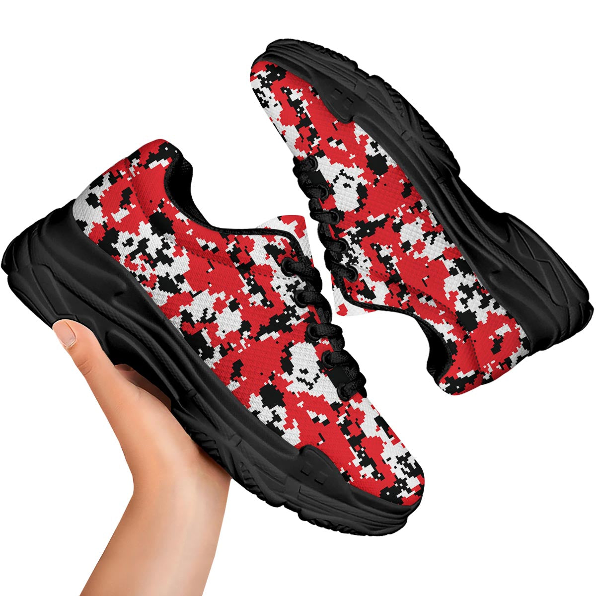Digital Camo Red White And Black Print Pattern Black Chunky Shoes-grizzshop