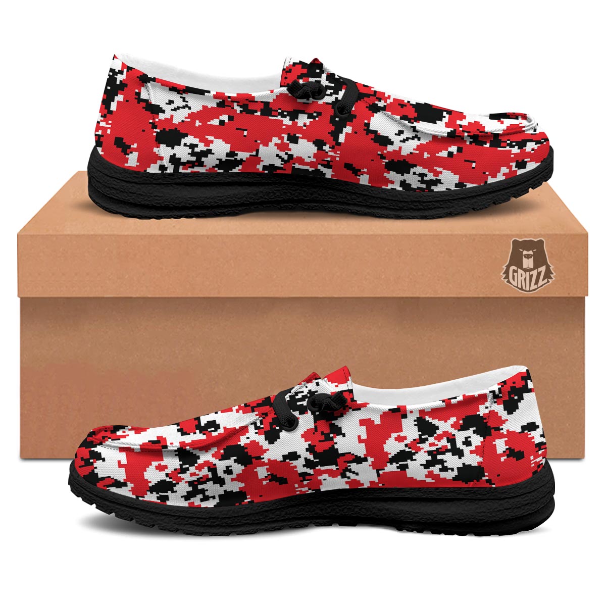 Digital Camo Red White And Black Print Pattern Black Loafers-grizzshop