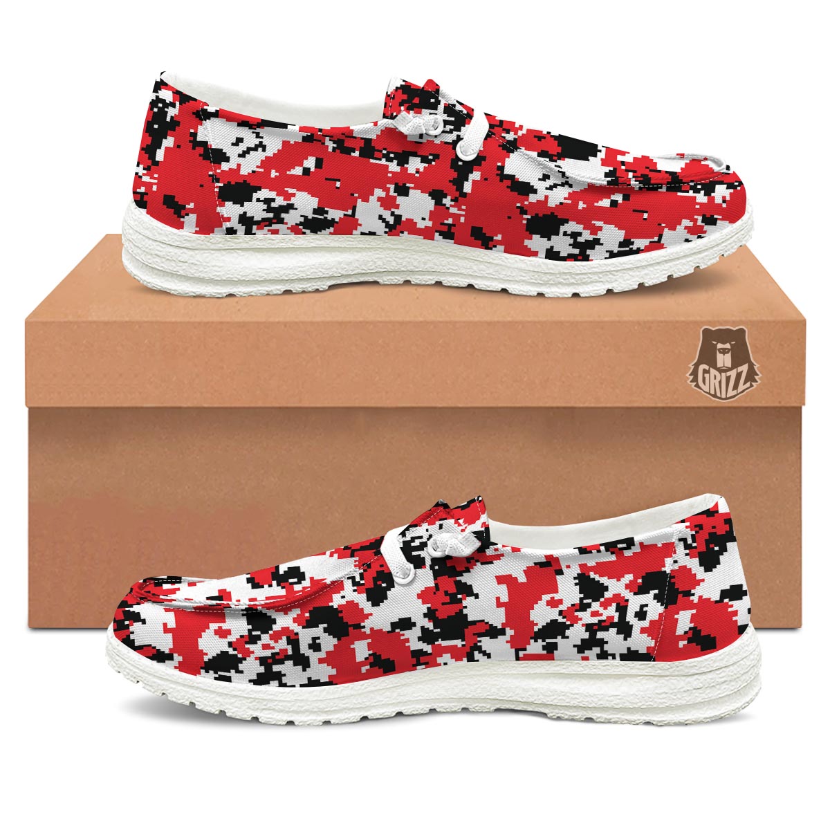 Digital Camo Red White And Black Print Pattern Black Loafers-grizzshop