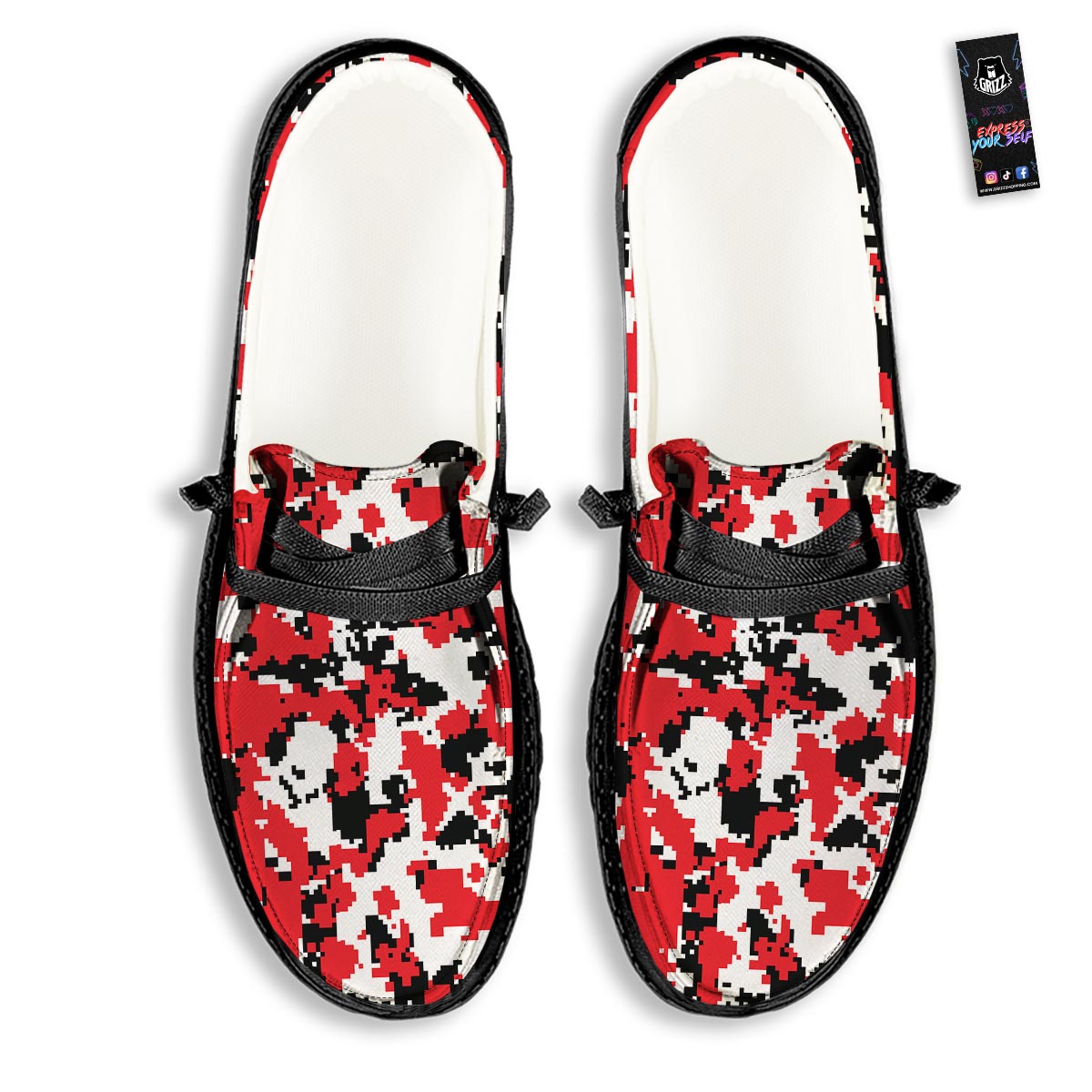 Digital Camo Red White And Black Print Pattern Black Loafers-grizzshop