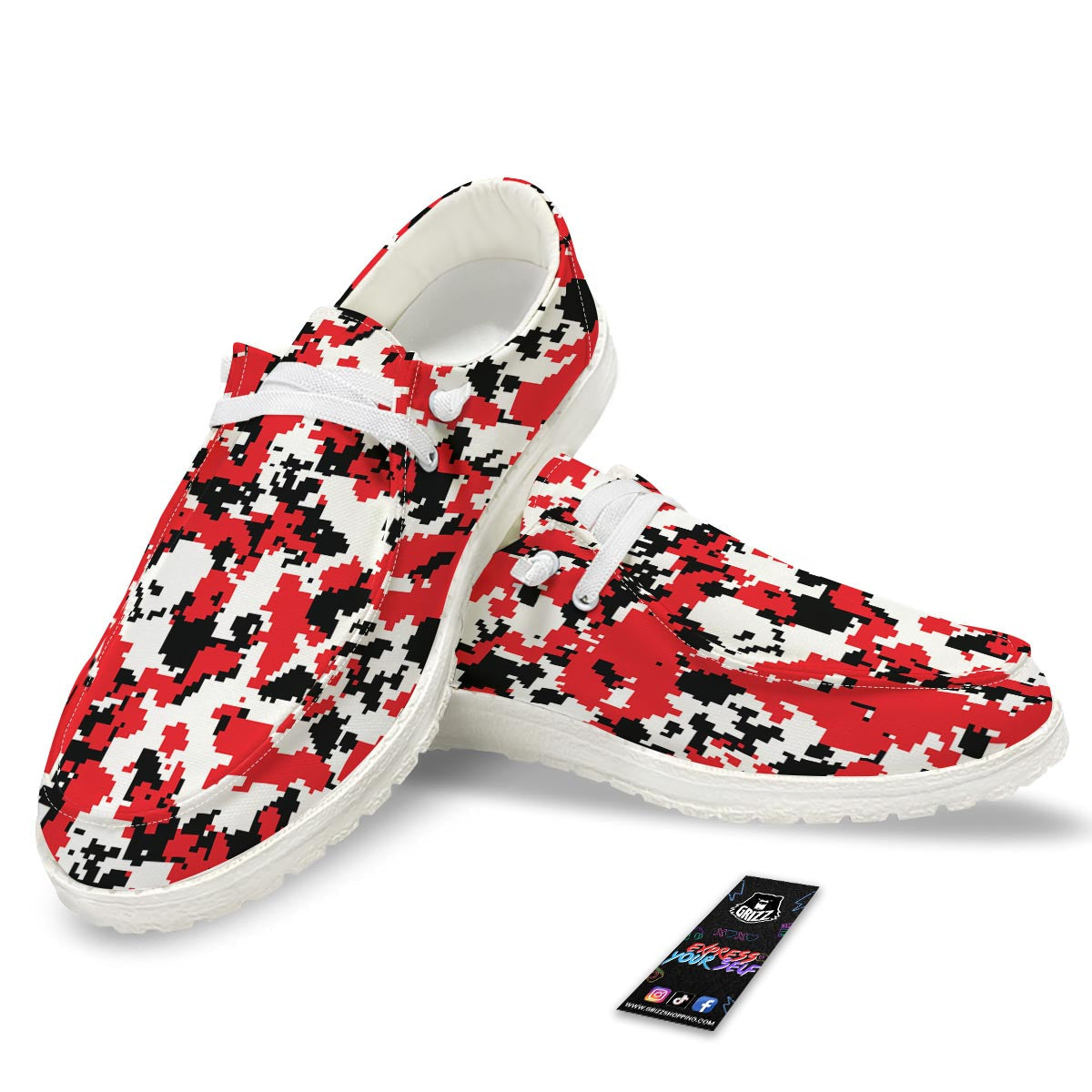 Digital Camo Red White And Black Print Pattern Black Loafers-grizzshop