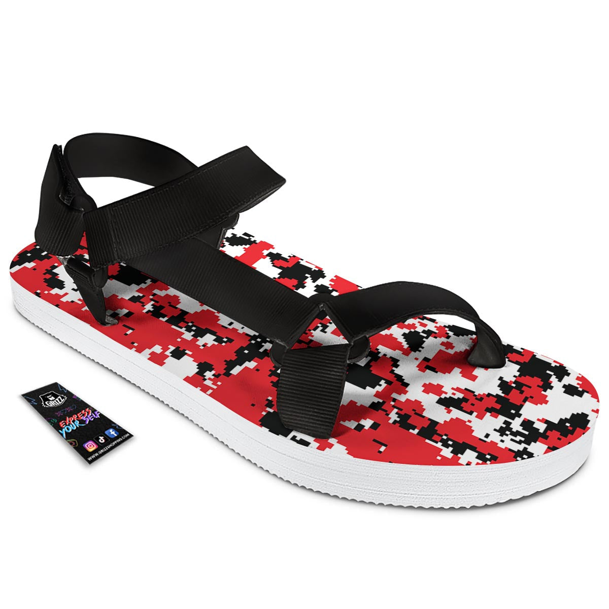 Digital Camo Red White And Black Print Pattern Black Open Toe Sandals-grizzshop