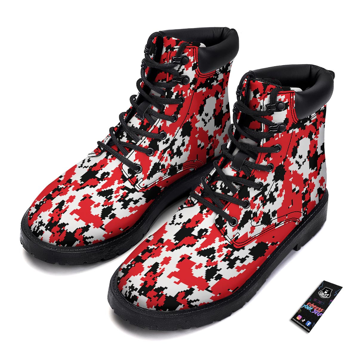 Digital Camo Red White And Black Print Pattern Boots-grizzshop