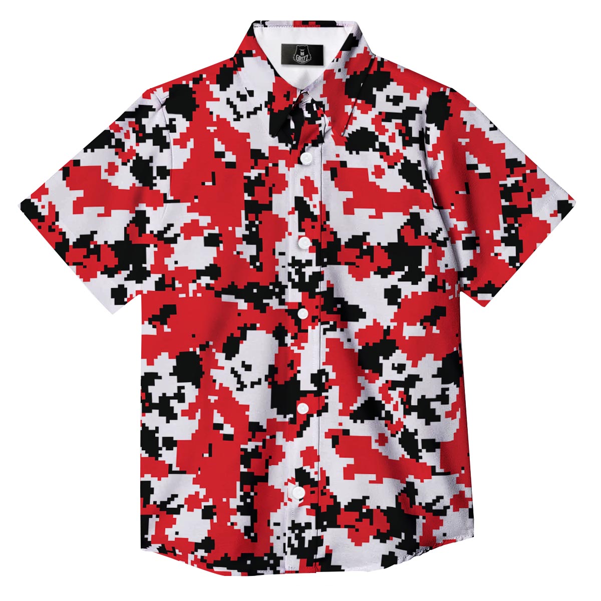 Digital Camo Red White And Black Print Pattern Button Up Shirt-grizzshop