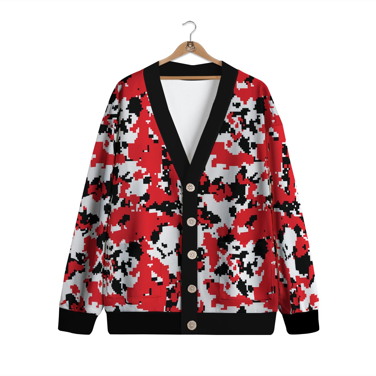 Digital Camo Red White And Black Print Pattern Cardigan-grizzshop