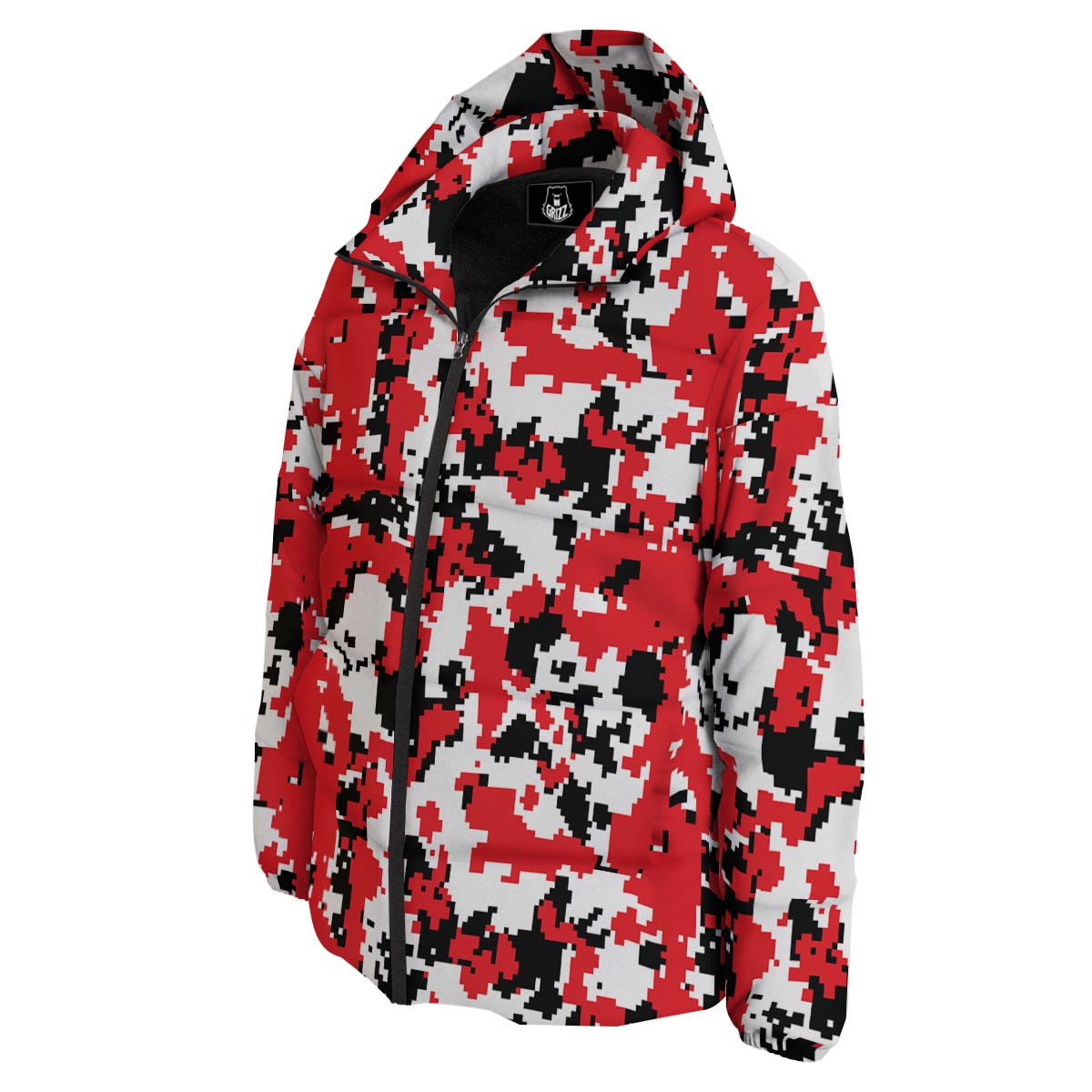 Digital Camo Red White And Black Print Pattern Down Jacket-grizzshop