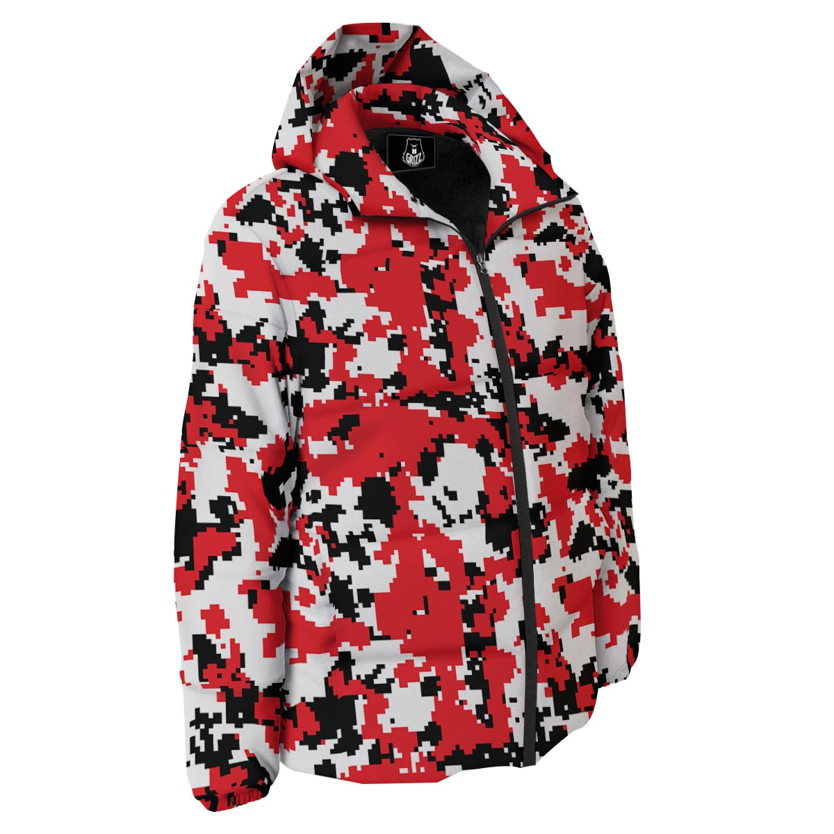 Digital Camo Red White And Black Print Pattern Down Jacket-grizzshop