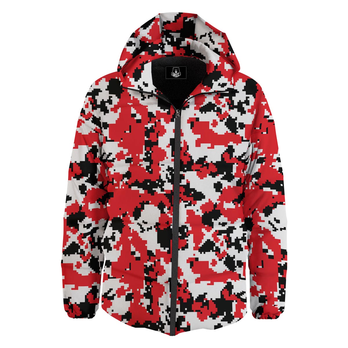 Digital Camo Red White And Black Print Pattern Down Jacket-grizzshop