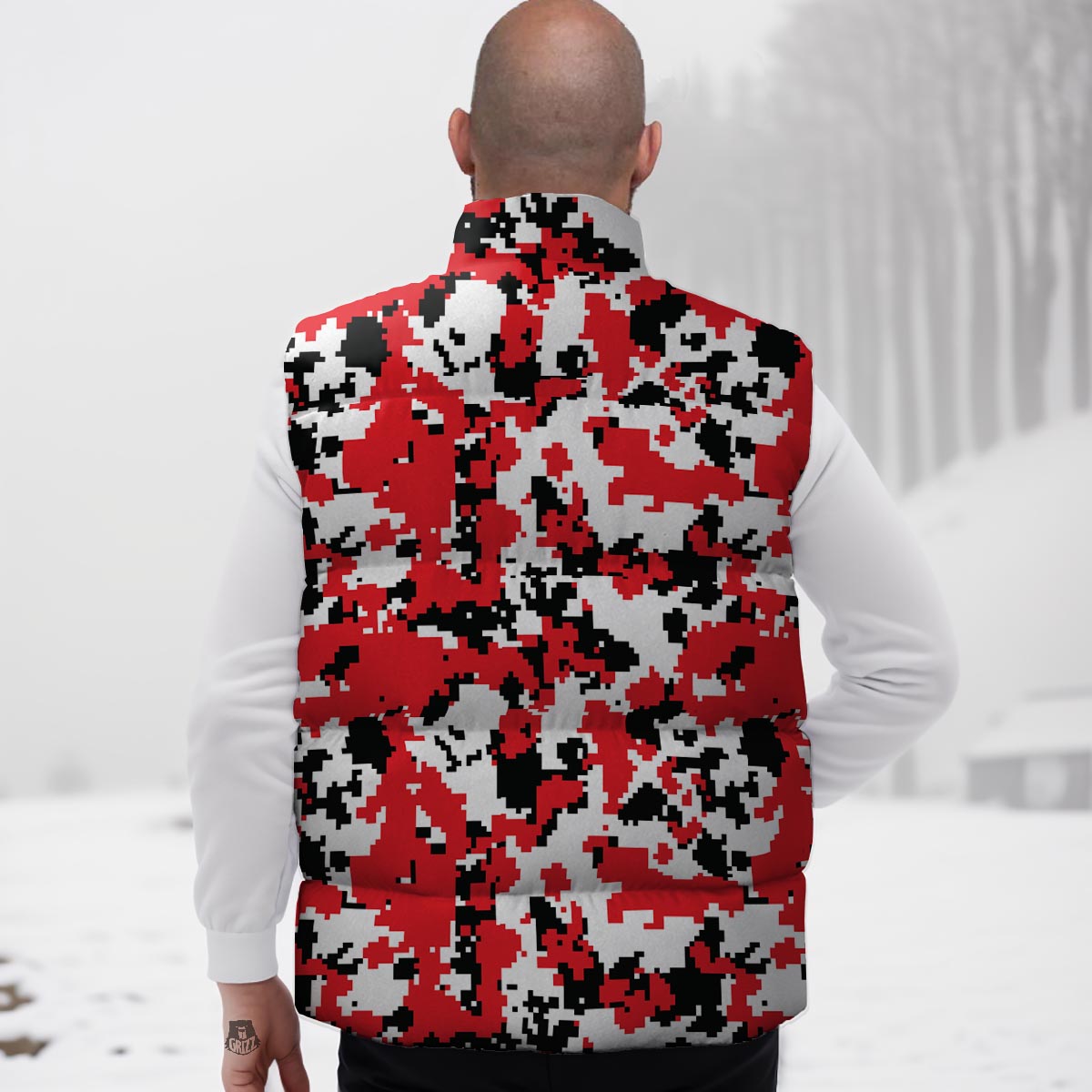 Digital Camo Red White And Black Print Pattern Down Vest