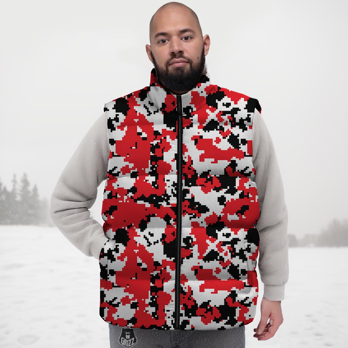 Digital Camo Red White And Black Print Pattern Down Vest