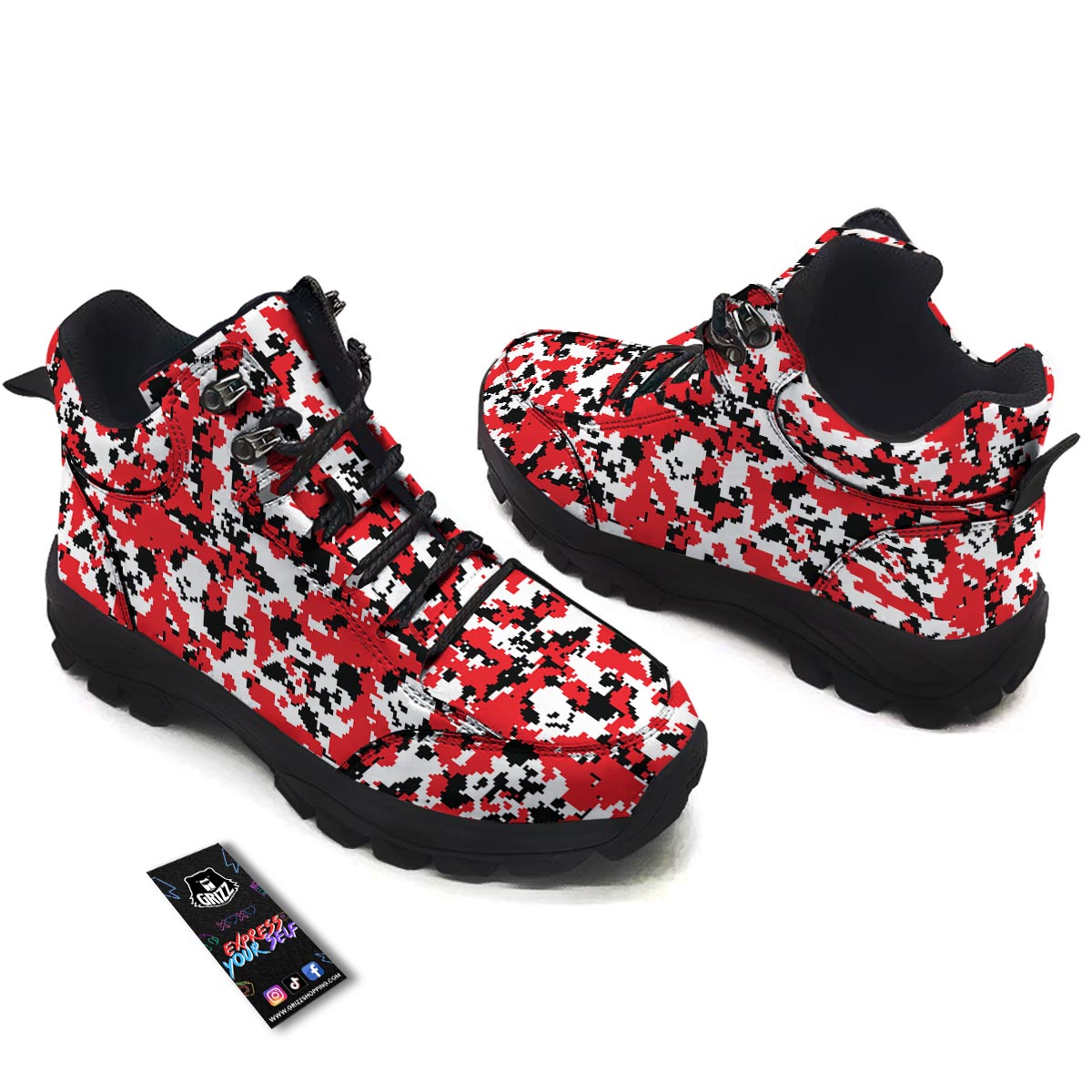Digital Camo Red White And Black Print Pattern Hiking Shoes-grizzshop