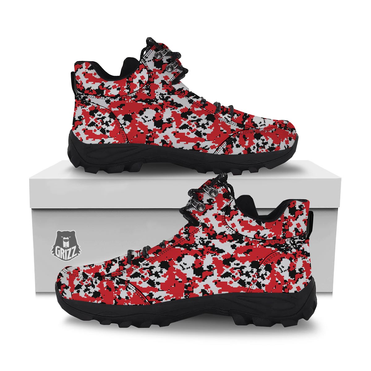 Digital Camo Red White And Black Print Pattern Hiking Shoes-grizzshop