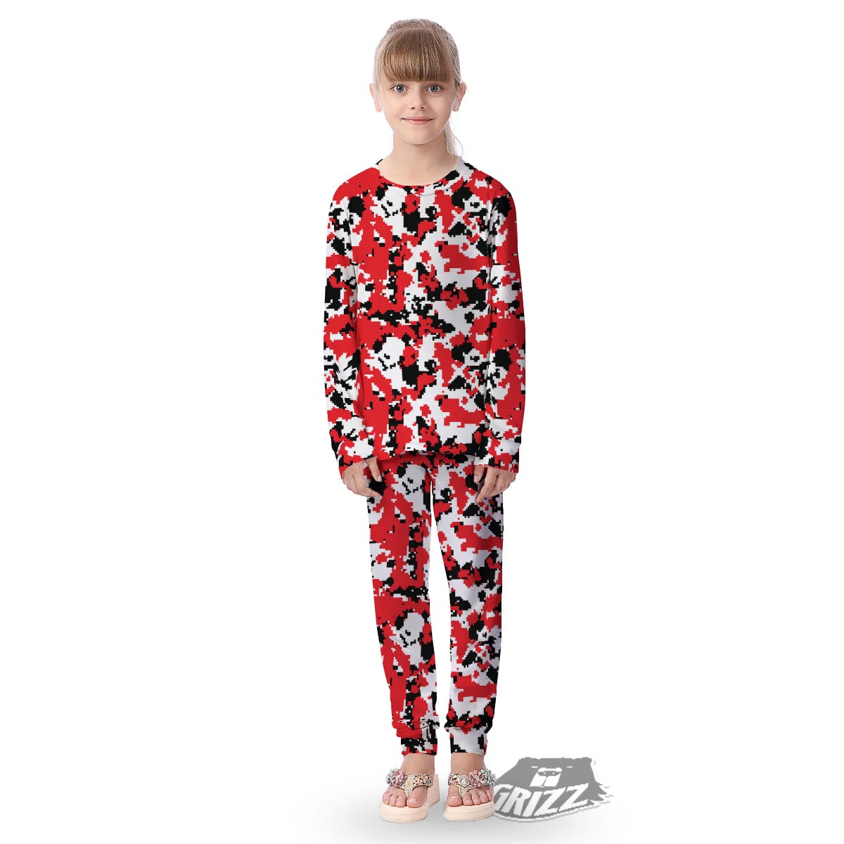 Digital Camo Red White And Black Print Pattern Kid's Pajamas-grizzshop