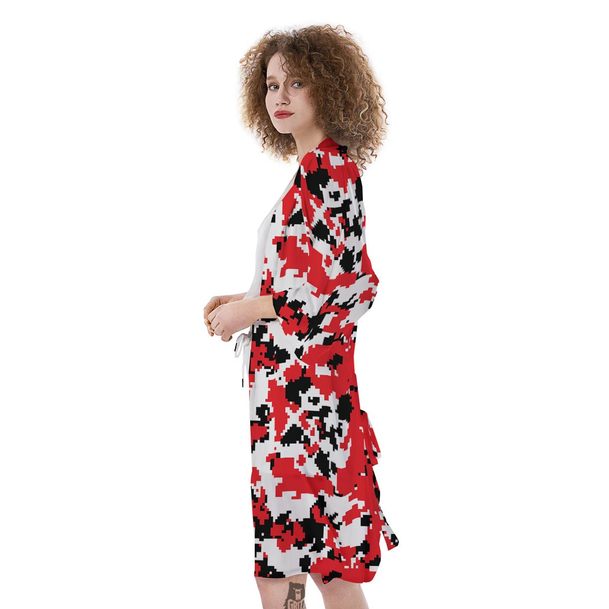 Digital Camo Red White And Black Print Pattern Kimono-grizzshop
