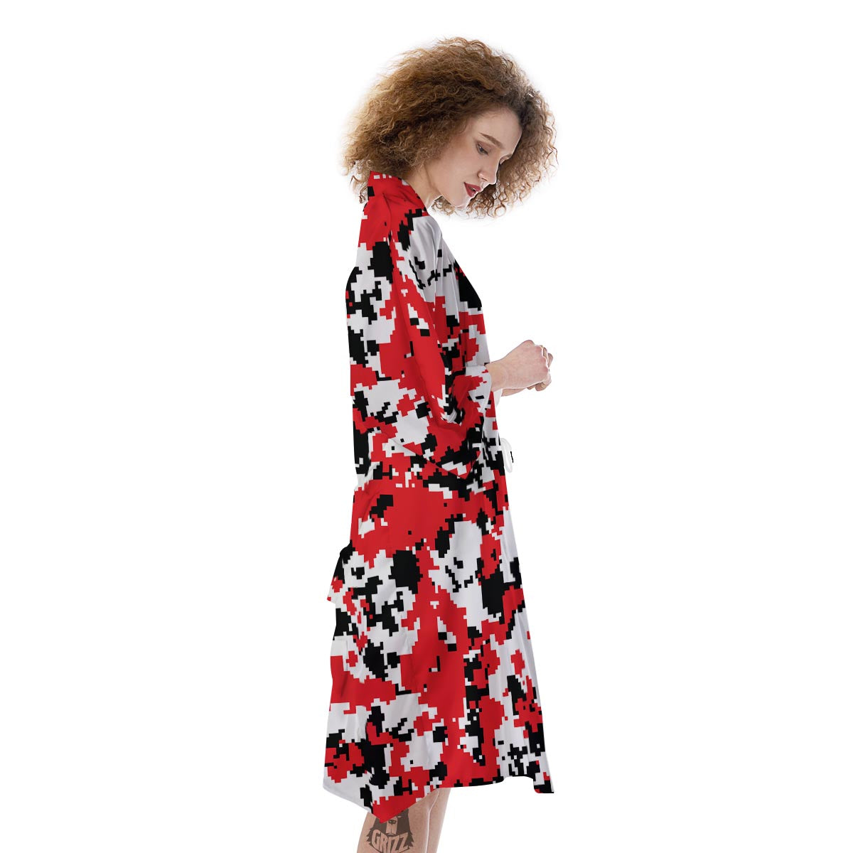 Digital Camo Red White And Black Print Pattern Kimono-grizzshop