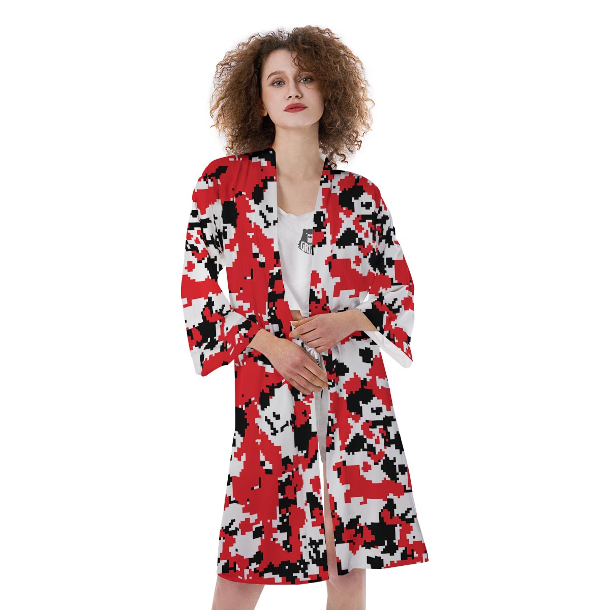 Digital Camo Red White And Black Print Pattern Kimono-grizzshop
