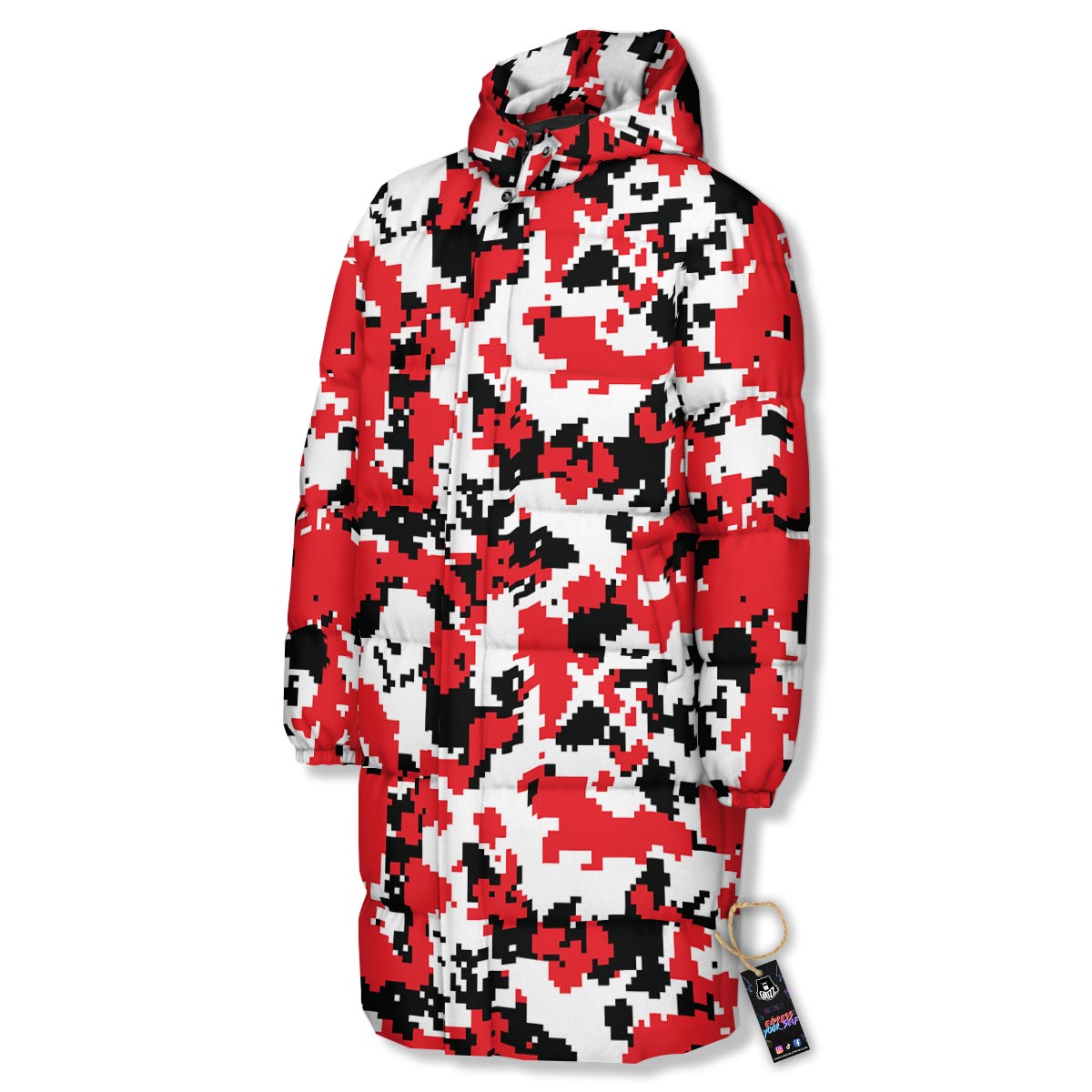 Digital Camo Red White And Black Print Pattern Long Down Jacket-grizzshop
