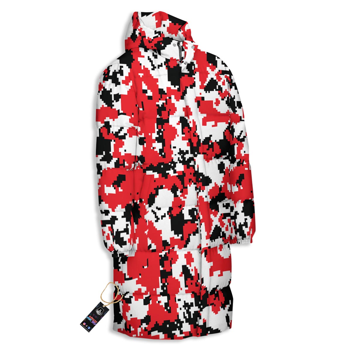 Digital Camo Red White And Black Print Pattern Long Down Jacket-grizzshop