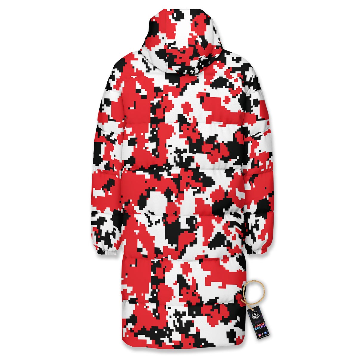 Digital Camo Red White And Black Print Pattern Long Down Jacket-grizzshop