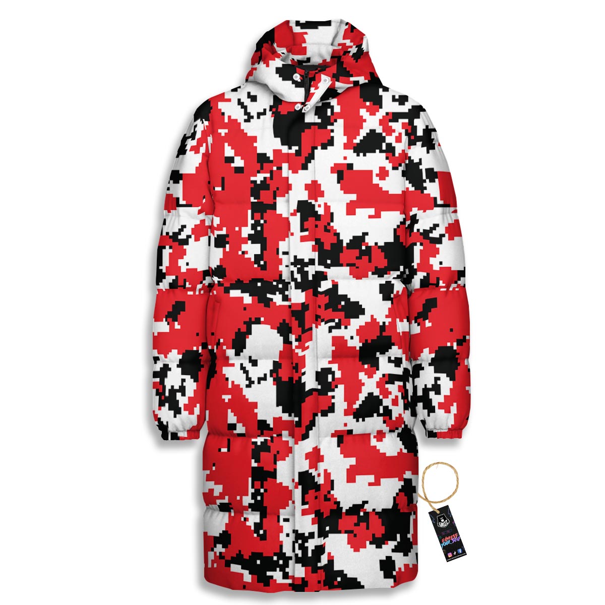 Digital Camo Red White And Black Print Pattern Long Down Jacket-grizzshop