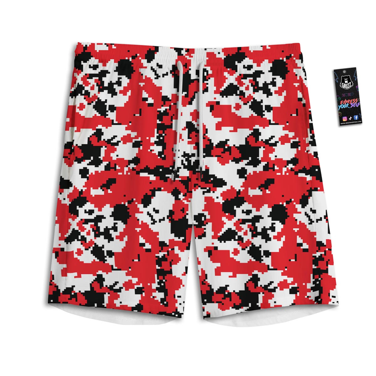 Digital Camo Red White And Black Print Pattern Men's Athletic Shorts