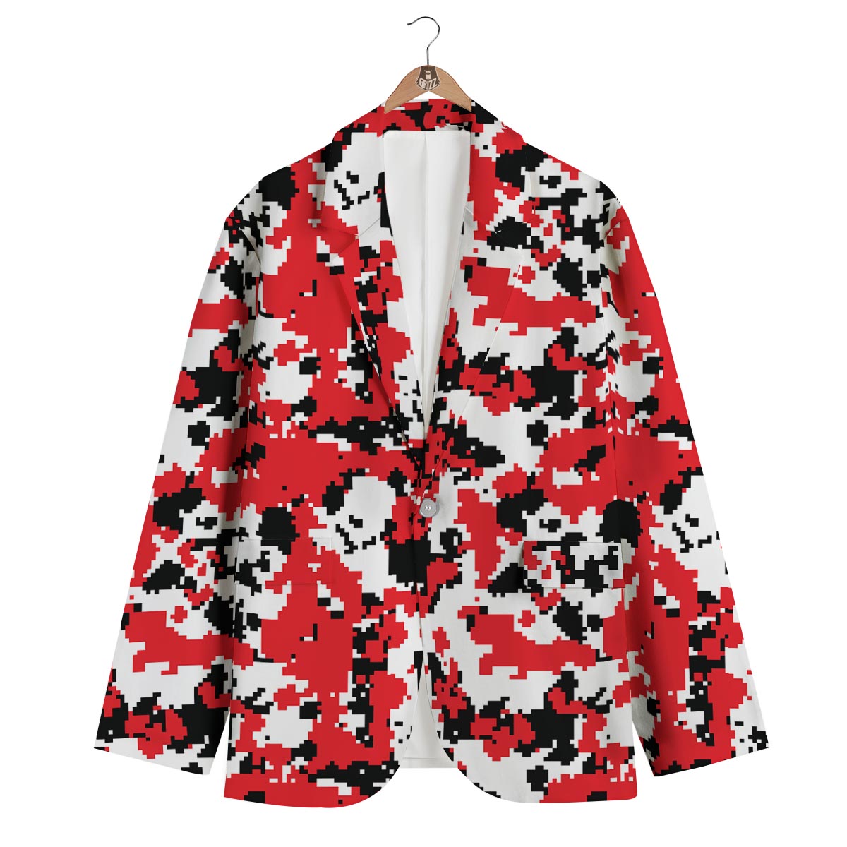 Digital Camo Red White And Black Print Pattern Men's Blazer-grizzshop